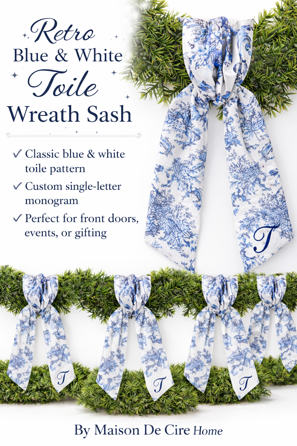 Retro Blue and White Toile Wreath Sash With Single Letter monogram
